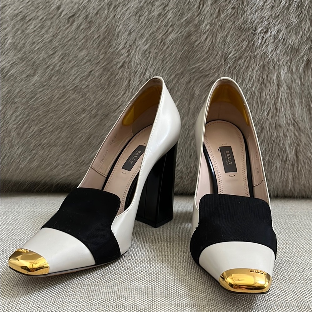 Bally White and Black Heels with Gold Accents